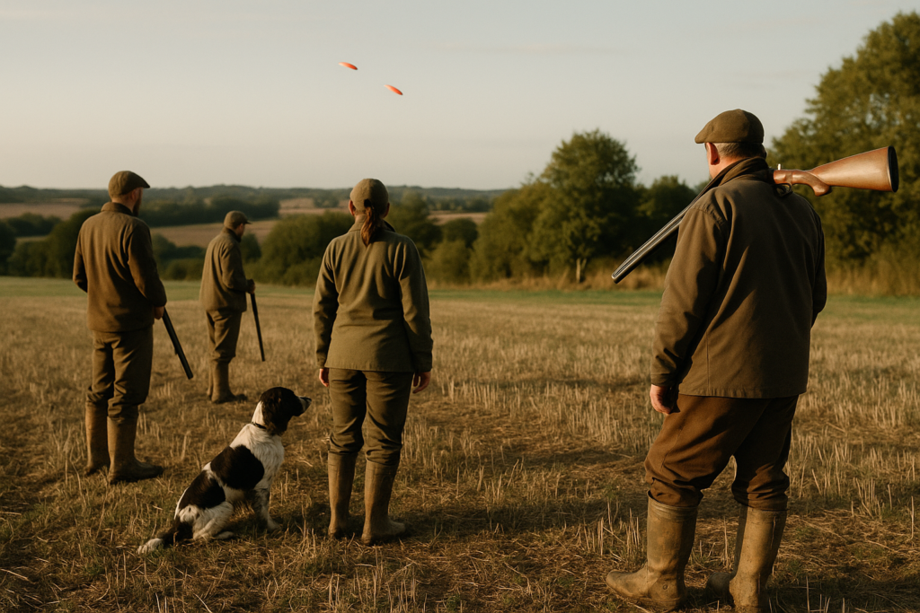 Pas de tir, plateaux orange en vol, ciel dégagé — chasse du ball-trap