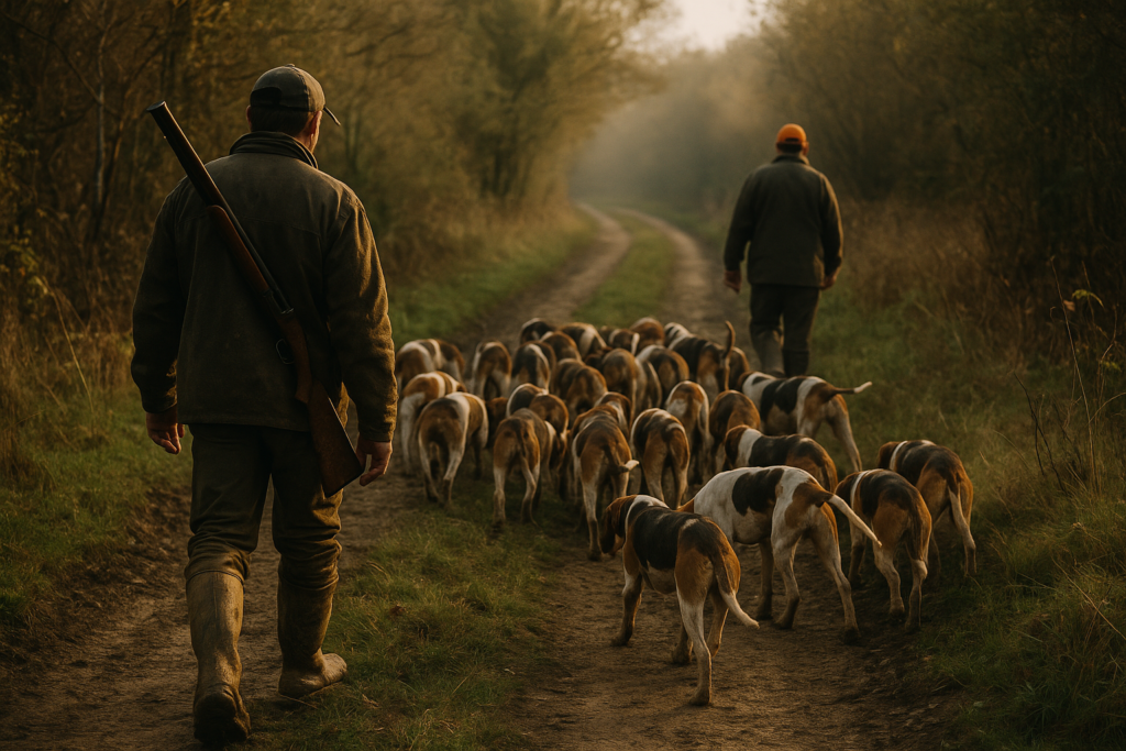 Meute sur la voie dans un chemin forestier — la chasse au chien courant