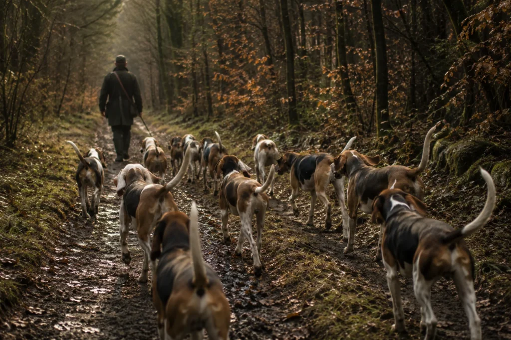 Une meute de chiens courants sur une voie, dans un chemin forestier