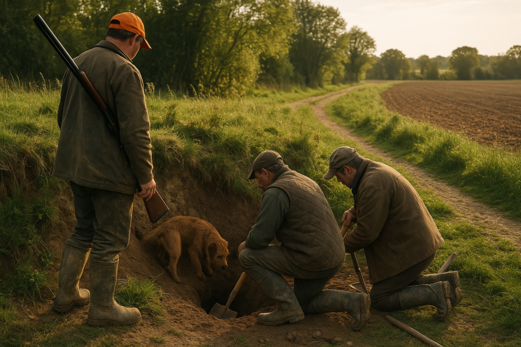 Talus, terrier, équipe agenouillée, outils de déterrage — chasse de la vénerie sous terre