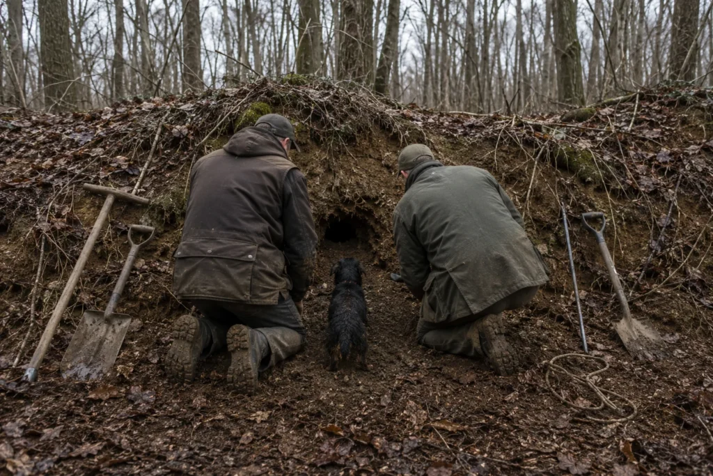 Deux personnes agenouillées près d’un terrier en talus, outils de déterrage posés au sol