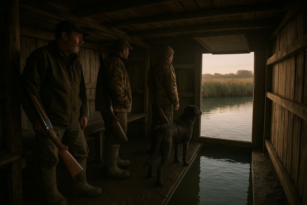 Intérieur de hutte au petit jour, trappe ouverte sur l'eau — la chasse au gabion