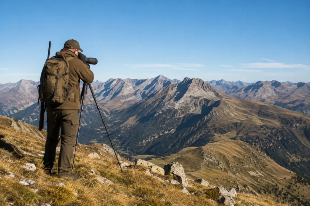Un chasseur de dos avec sa longue-vue sur une croupe d’altitude, la chaîne de montagnes derrière