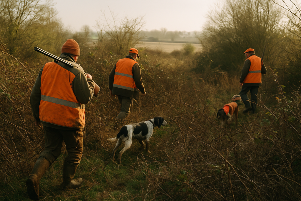 Fourré de ronces, gilet orange fluo, chiens devant — chasse du traqueur en battue