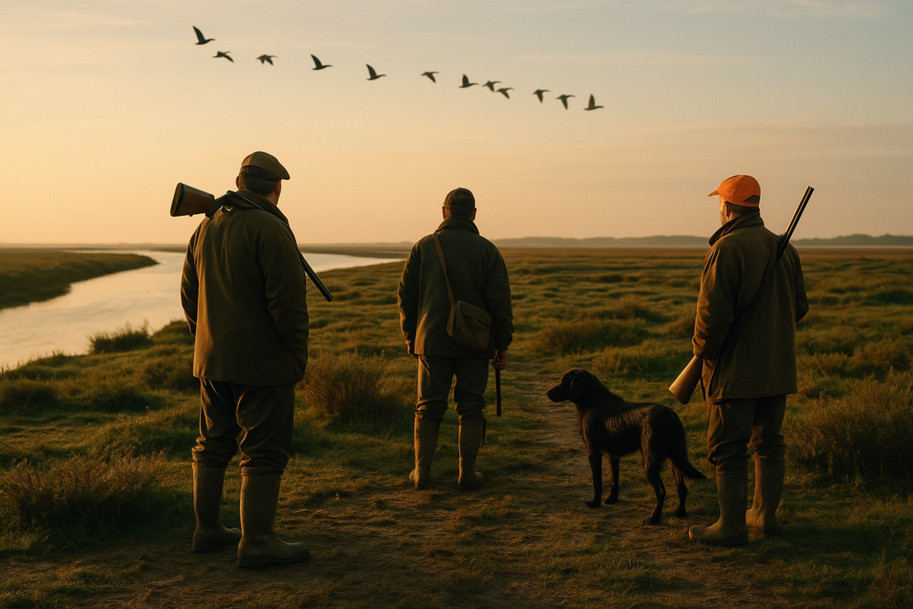 Estuaire et pré salé, vol en formation à l'aube — chasse de l'oie sauvage