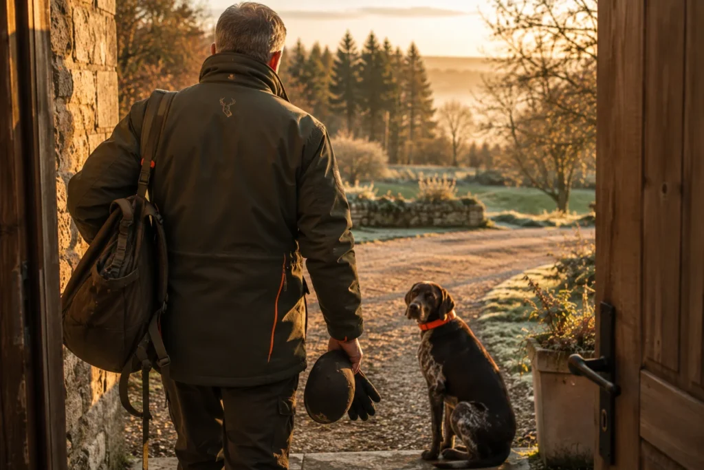 Un homme de dos en veste de chasse neuve sortant au petit matin, son chien qui l’attend