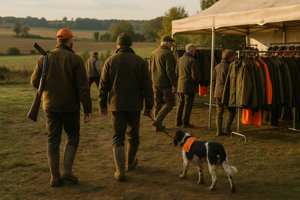 Stand de fête de la chasse, portants de vêtements, visiteurs