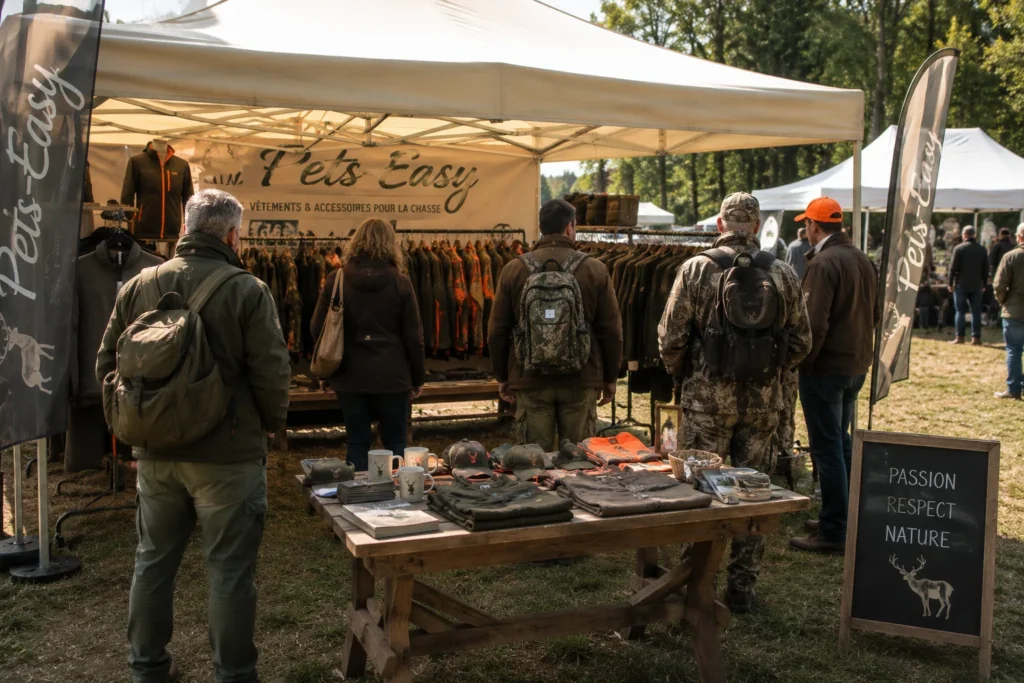 Un stand de fête de la chasse en extérieur, portants de vêtements et visiteurs