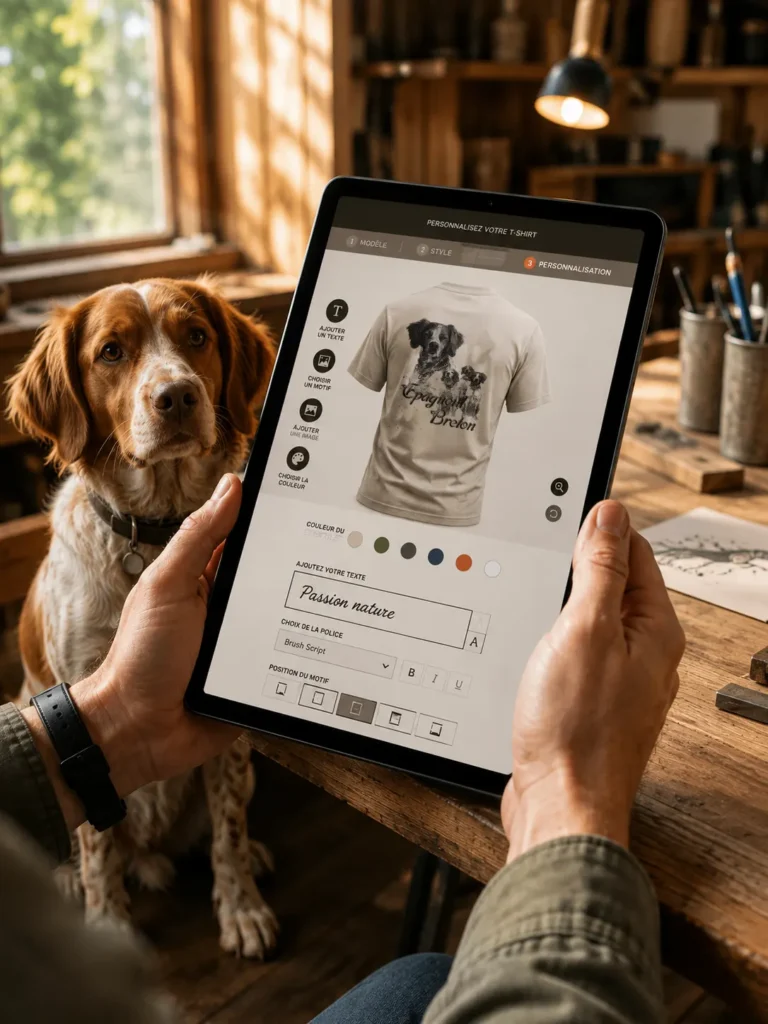 Personnalisation d'un textile au motif de chien de chasse, avec le nom du chien