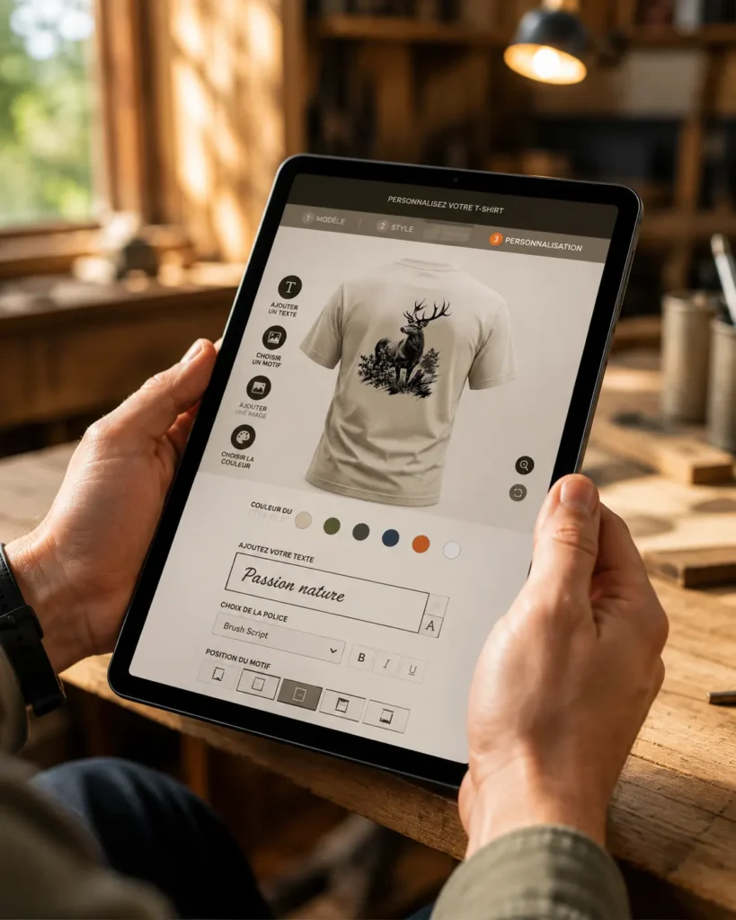 Personnalisation d'un textile au motif de gibier, avec le nom de la societe de chasse