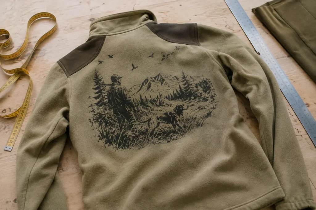 Un vêtement de chasse posé à plat sur un plan de travail d’atelier, le motif imprimé visible dans le dos