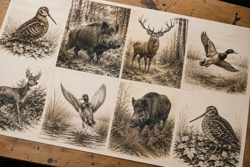 Une planche de dessins de gibier imprimés, étalés sur une table d’atelier