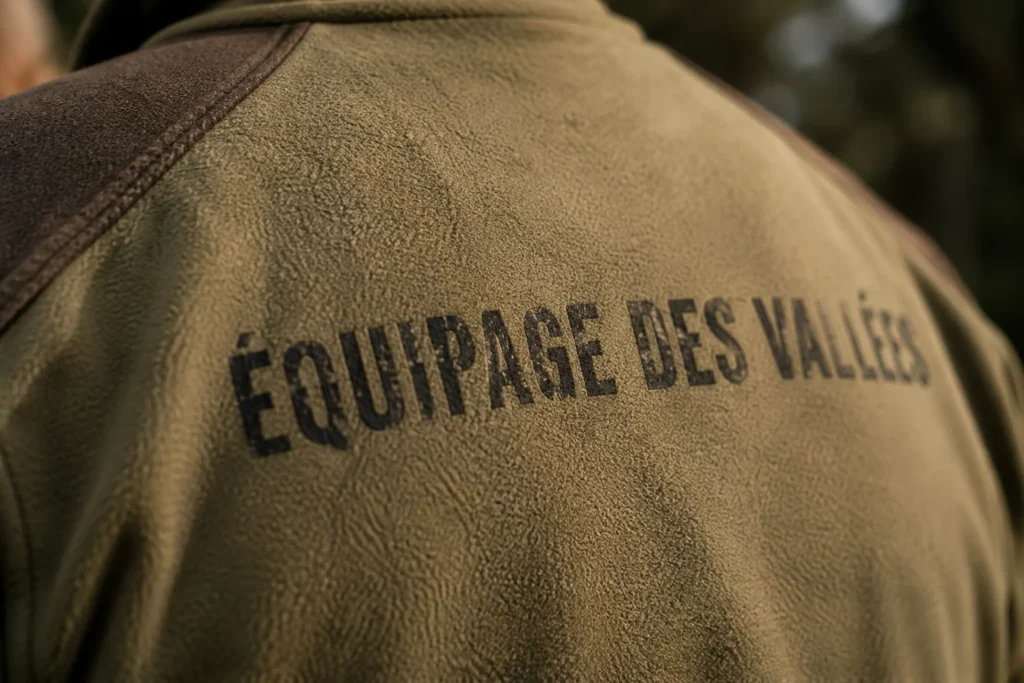 Gros plan sur un nom d’équipage imprimé dans le dos d’un vêtement de chasse