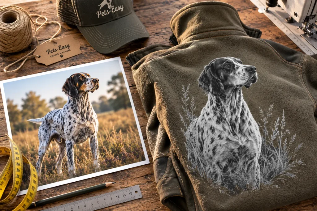 Une photo de chien posée à côté du vêtement où le même chien apparaît imprimé