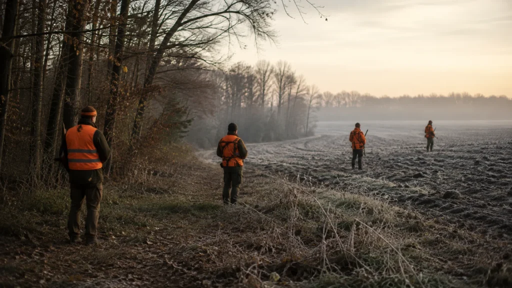 Une ligne de battue en lisière de bois, des postés en gilet orange, un matin de novembre