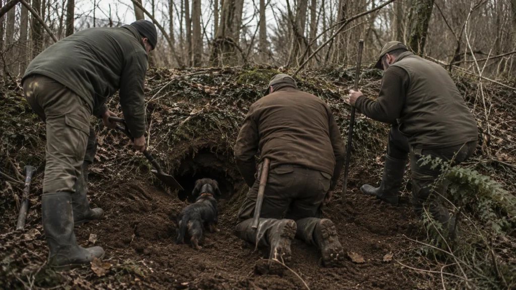 Une équipe de déterrage autour d’un terrier en sous-bois, un teckel à poil dur près de la gueule
