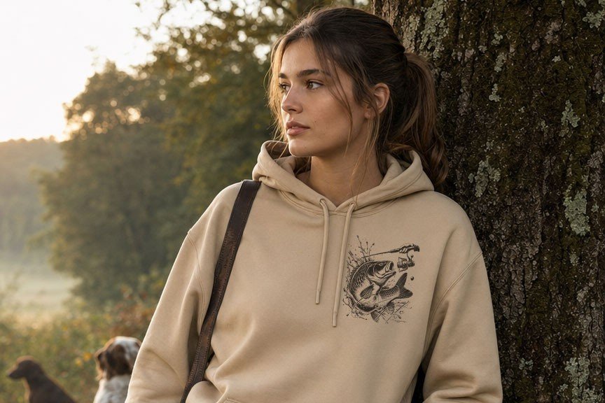 Sweat a capuche de peche femme sable, motif carpe