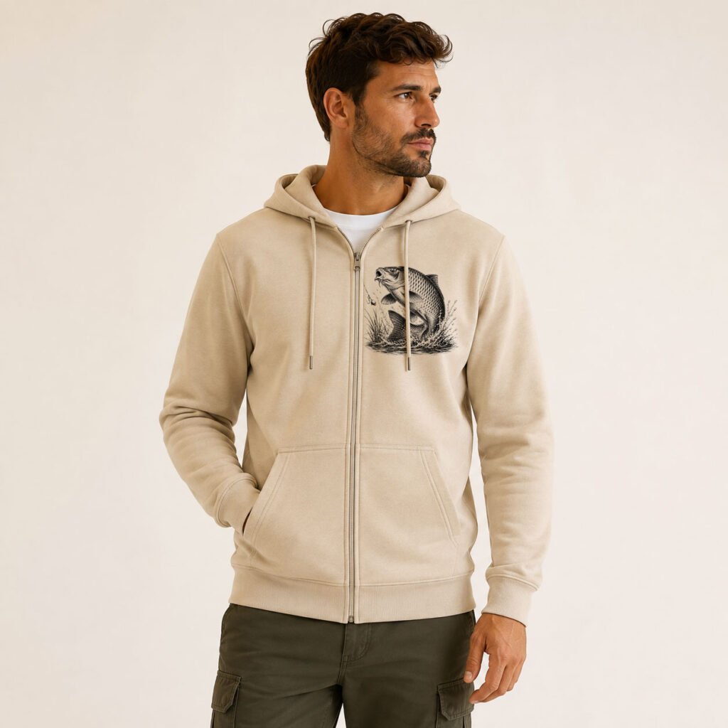 Sweat zippe de peche homme sable, motif carpe