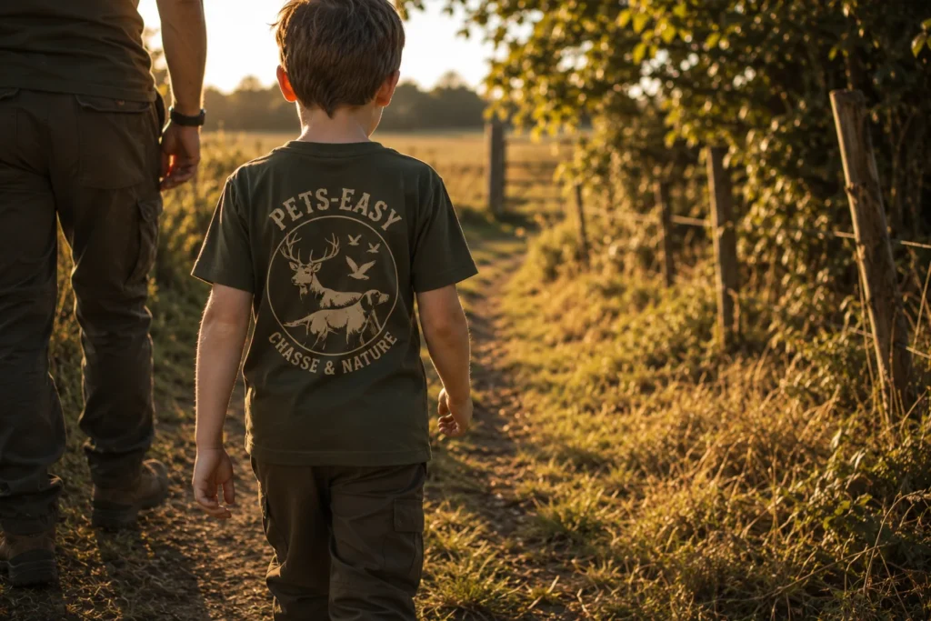 Un enfant de dos en t-shirt de chasse, marchant dans un chemin de bocage