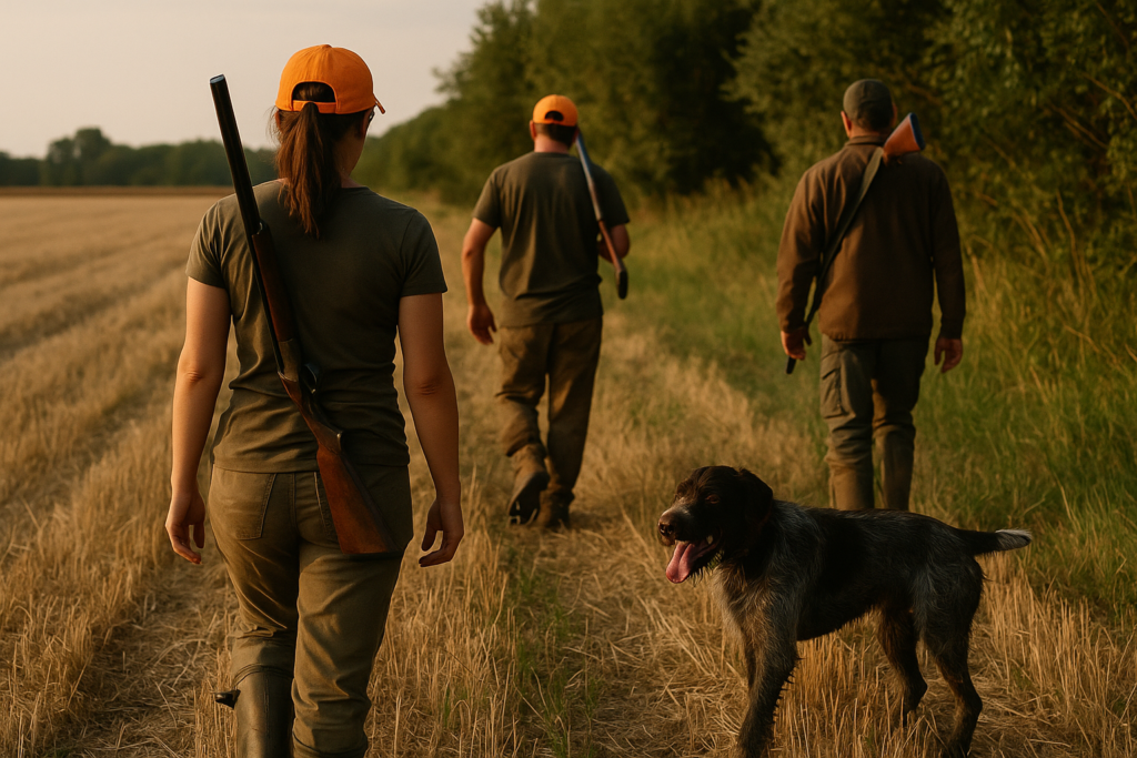 Femme en t-shirt de chasse, lisière de plaine en été