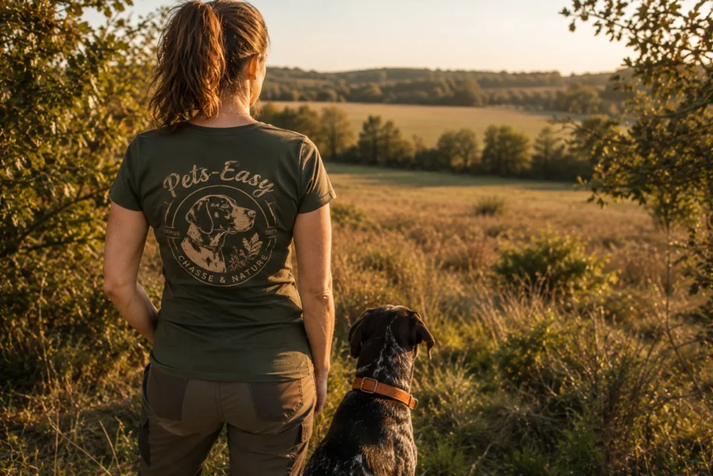 Une femme de dos en t-shirt de chasse en lisière de plaine, son chien d’arrêt à ses pieds