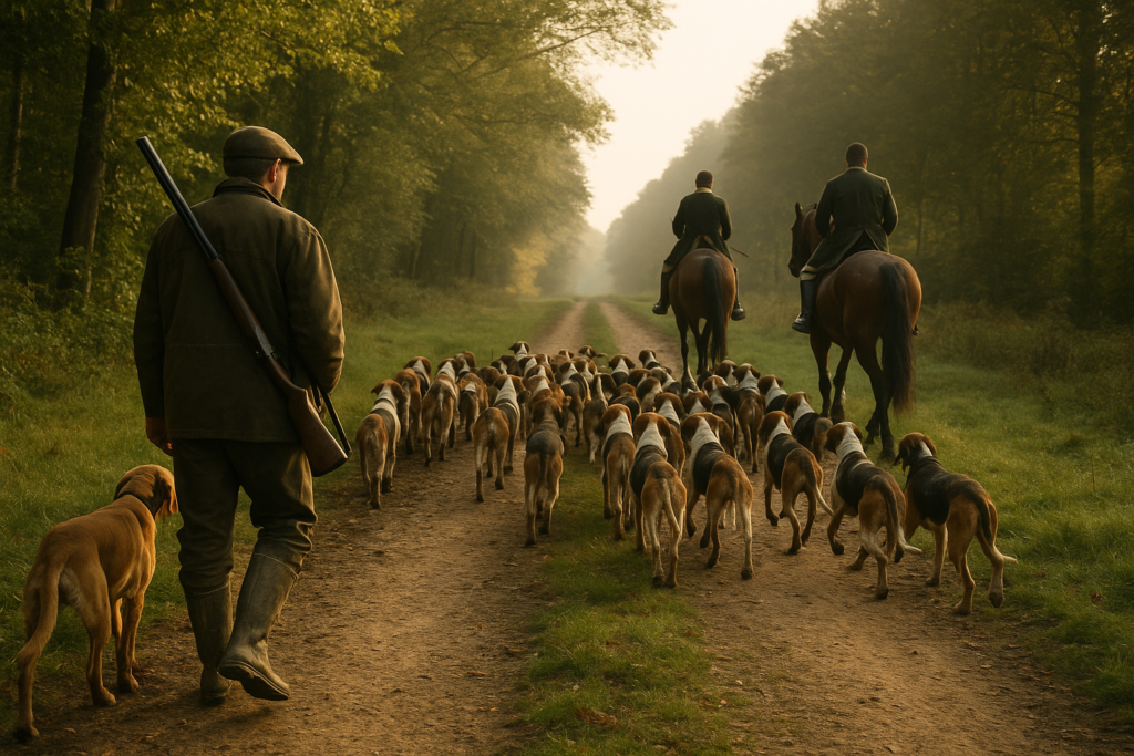 Équipage à cheval, meute de chiens courants, allée forestière — chasse de la vénerie