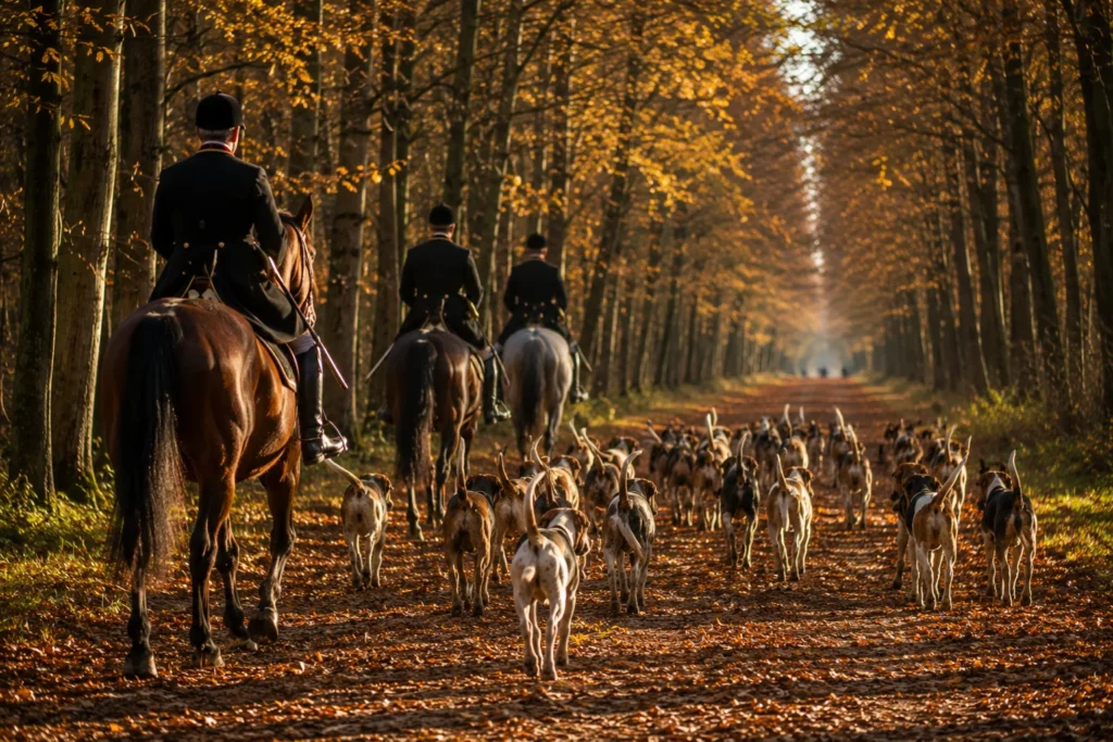 Des cavaliers en tenue et une meute de chiens courants dans une allée forestière d’automne