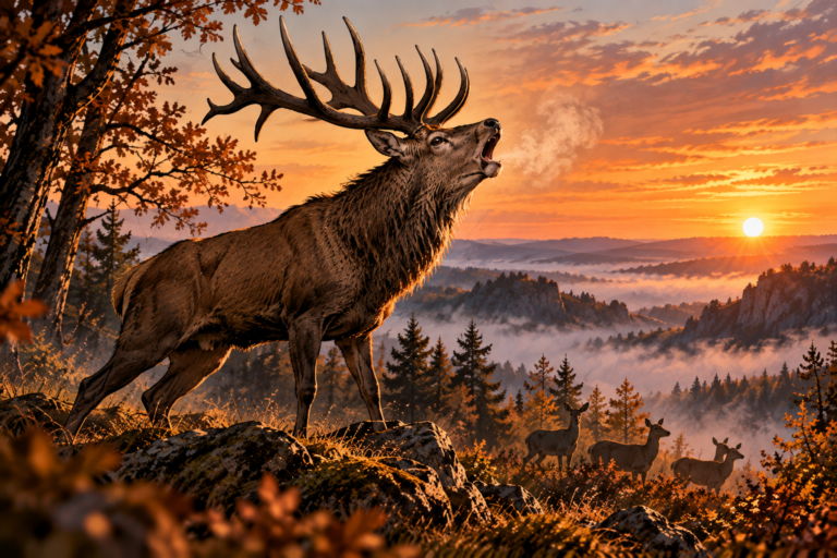 Cerf en forêt pendant la période du brame, à l'automne — bandeau de l'article sur où et quand écouter le brame