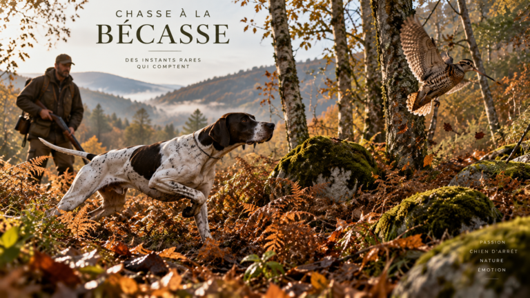 Chasse à la bécasse au chien d'arrêt en sous-bois d'automne — bandeau de l'article sur les premières arrivées de bécasses