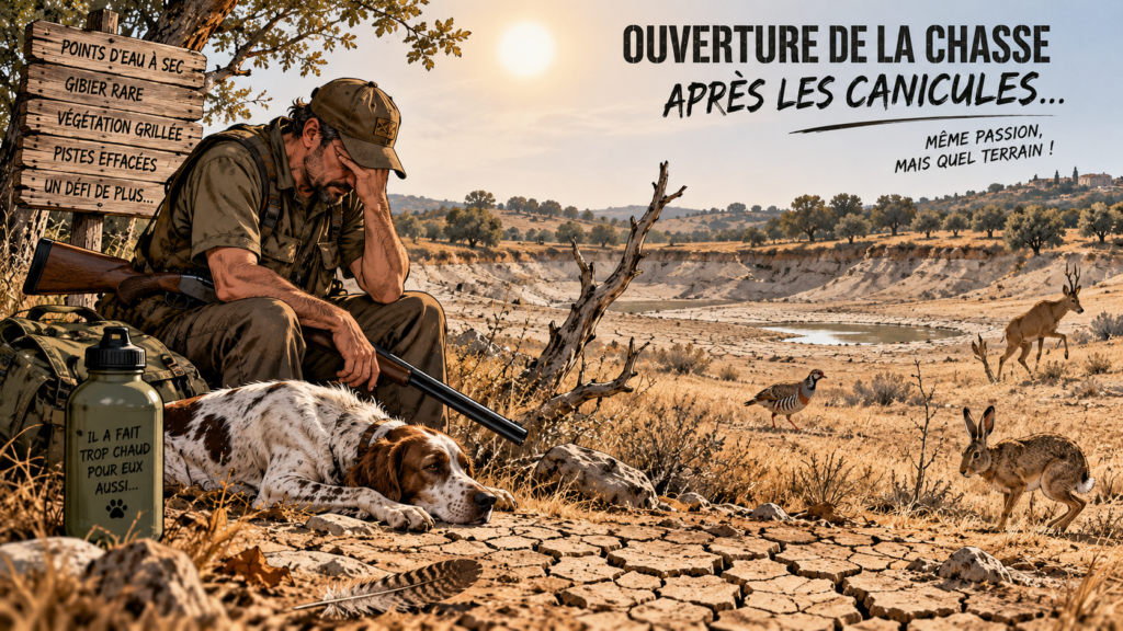 Chasseur et son chien dans des chaumes secs par forte chaleur en début de saison — bandeau de l'article sur ce qui change après un été de canicule : arrêtés préfectoraux, massifs fermés, coup de chaleur du chien