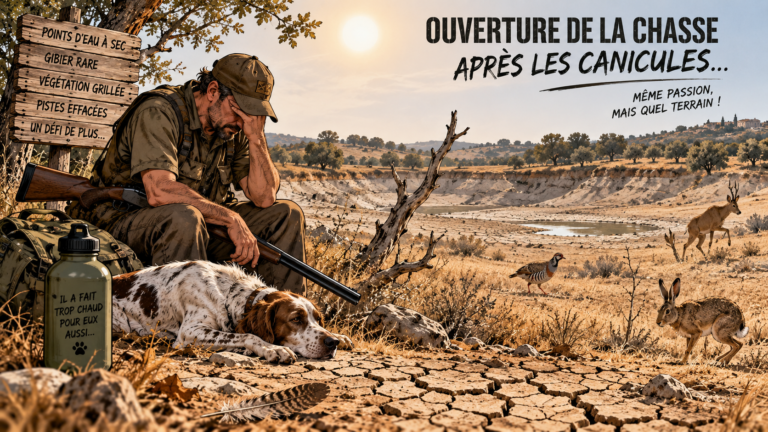 Chasseur et son chien dans des chaumes secs par forte chaleur en début de saison — bandeau de l'article sur ce qui change après un été de canicule : arrêtés préfectoraux, massifs fermés, coup de chaleur du chien