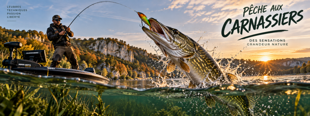Pêche des carnassiers en rivière — bandeau de l'article sur la perche, le sandre et le brochet, trois poissons et trois façons de les pêcher