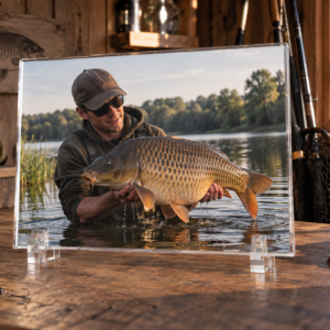 Trophée photo en verre acrylique montrant un pêcheur et sa carpe, posé sur une table dans une cabane de pêche