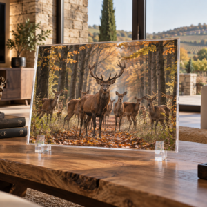 Trophée photo en verre acrylique montrant une harde de cerfs au brame en forêt d'automne, posé sur une table basse