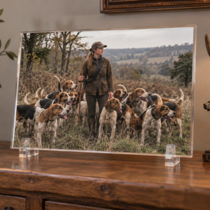 Trophée photo en verre acrylique montrant une meute de chiens courants avant le départ, posé sur une commode