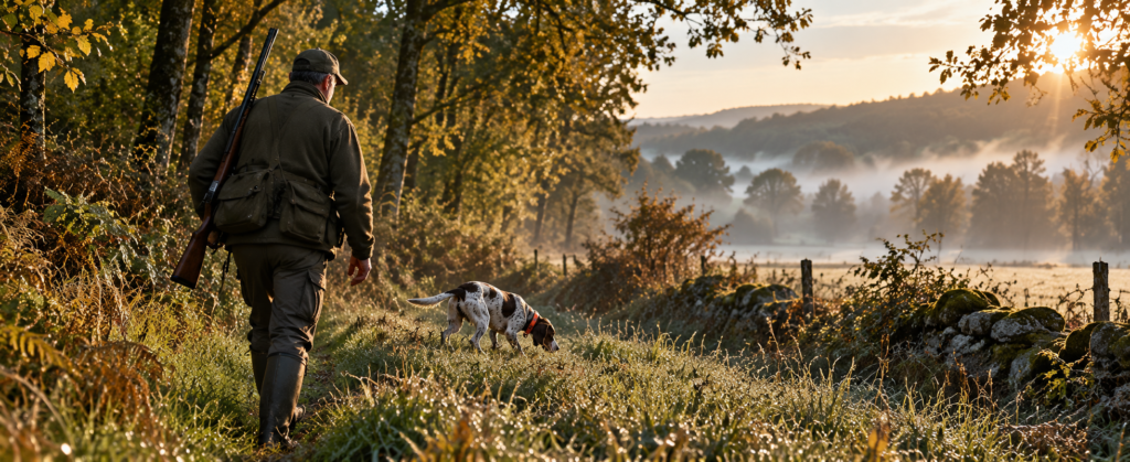 Chasseur en veste polaire zippée kaki et son chien d'arrêt sur un chemin herbeux en lisière de bois, un matin d'octobre dans la brume et la rosée — bandeau de l'article sur la veste polaire de chasse