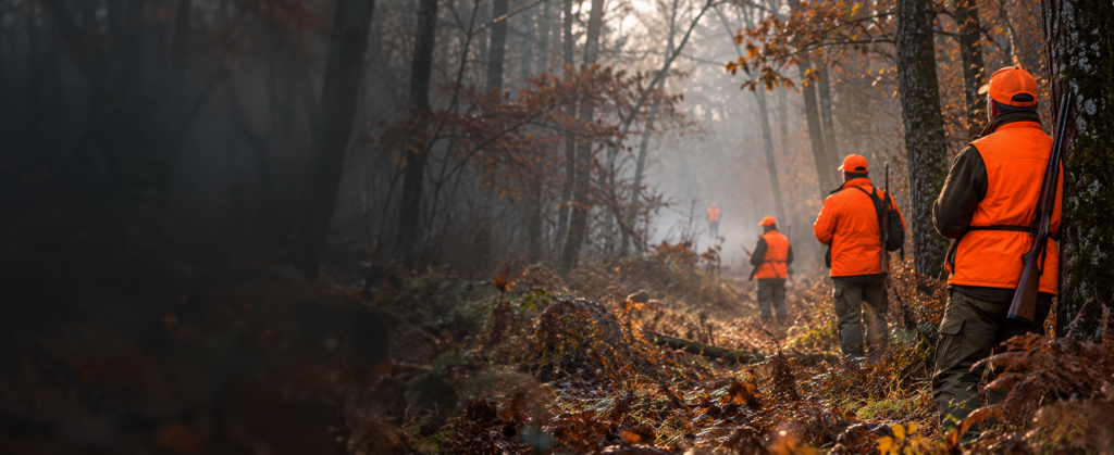 Trois chasseurs postés en orange sécurité, espacés le long d'un layon forestier dans la brume de novembre — bandeau de l'article sur le vêtement de battue au sanglier et l'équipe habillée pareil