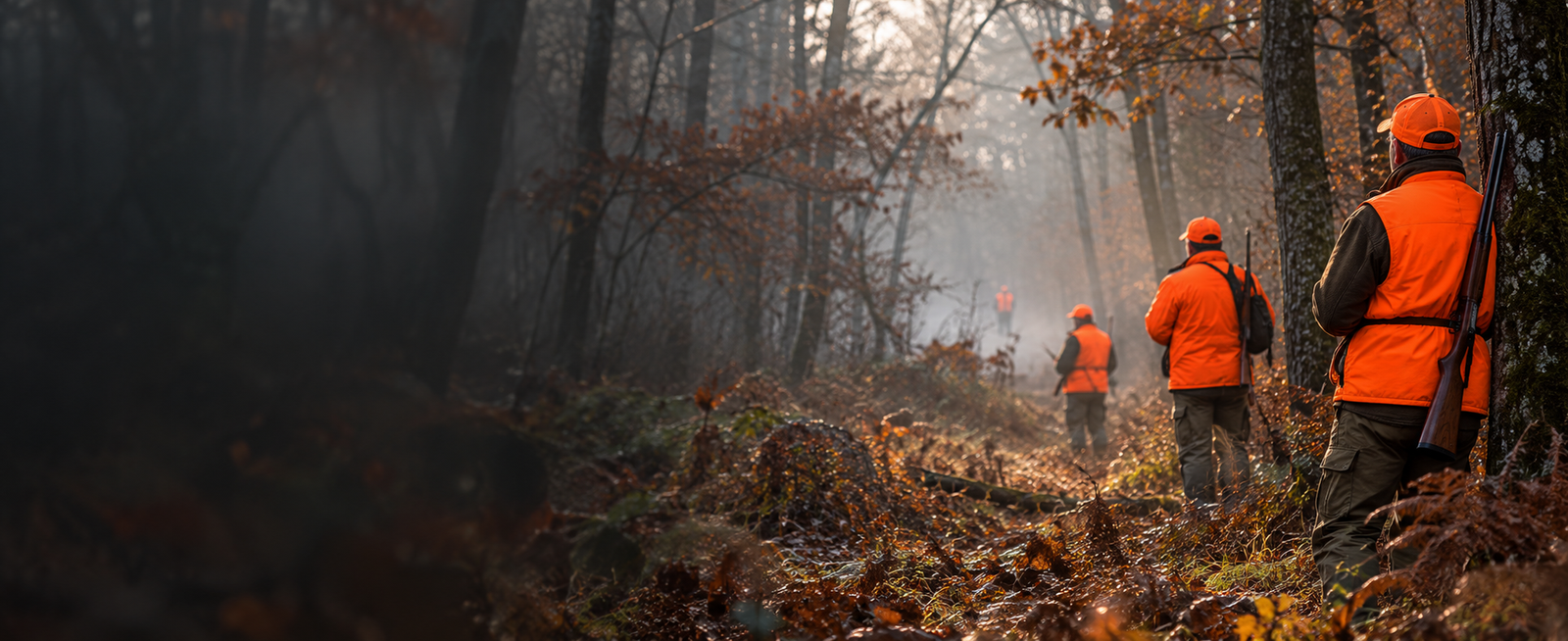 Trois chasseurs postés en orange sécurité, espacés le long d'un layon forestier dans la brume de novembre — bandeau de l'article sur le vêtement de battue au sanglier et l'équipe habillée pareil